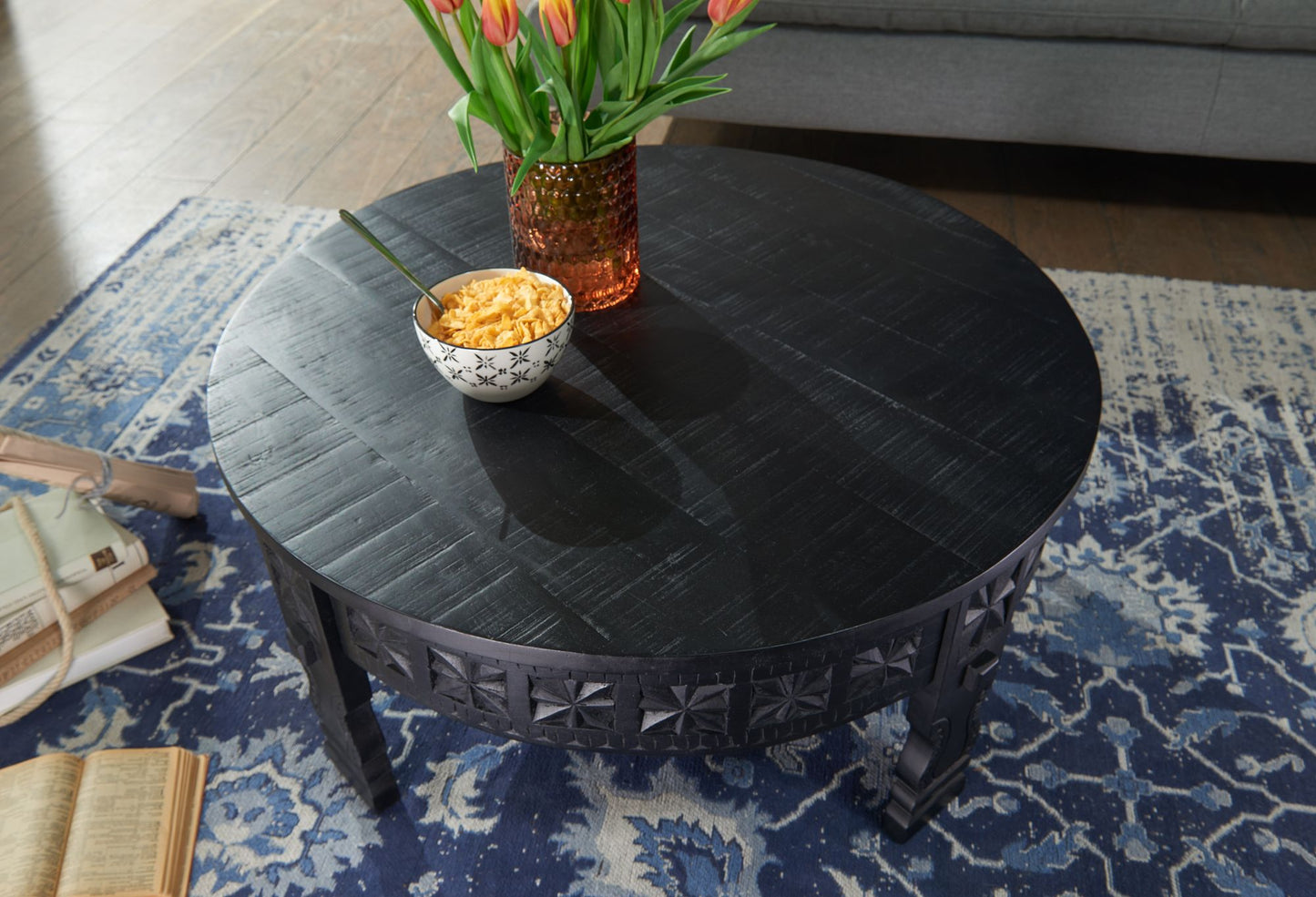 Design salontafel 80x36x80 cm Mango massief houten salontafel rond zwart
