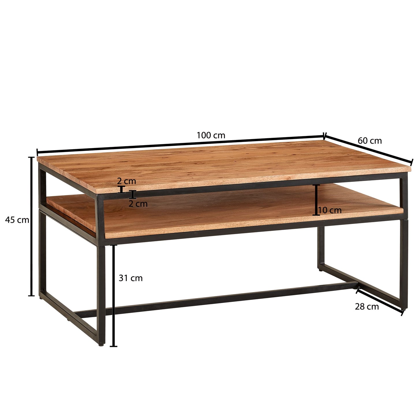 Salontafel 100x60x45 cm massief houten metalen salontafel salontafel acacia | Industriële kamertafel met opbergruimte | Houten tafel, salontafel, massief