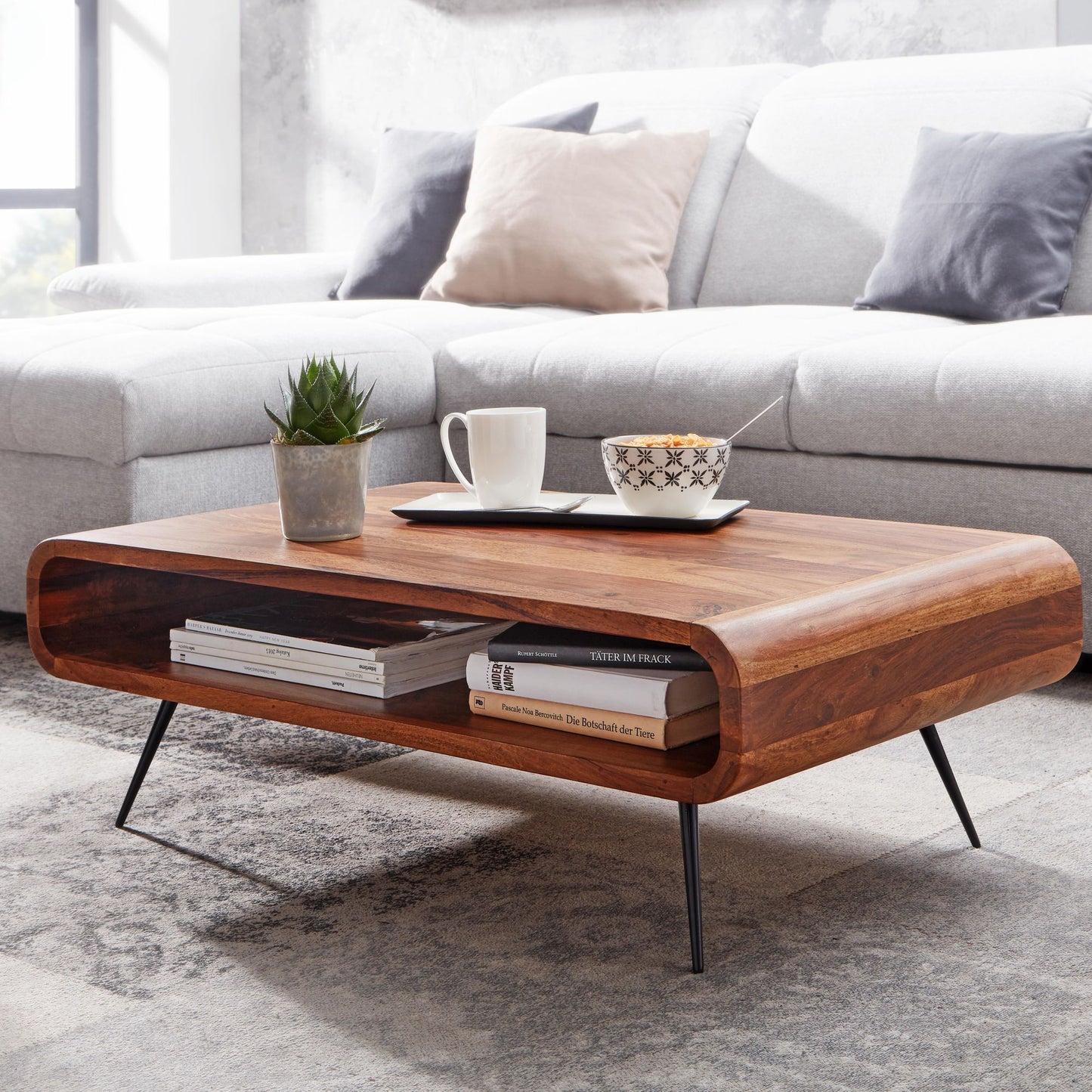 Koffietafel Massief Sheesham-Hout en Metaal 90x55x30 cm Salontafel Bruin | Tafel Woonkamer Rechthoekig Moderne met Opbergruimte