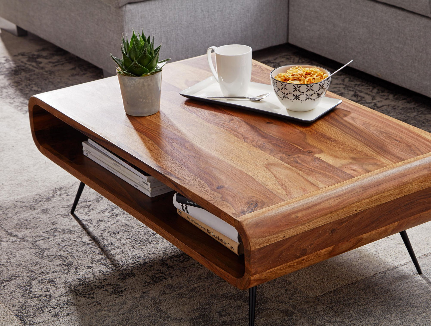 Koffietafel Massief Sheesham-Hout en Metaal 90x55x30 cm Salontafel Bruin | Tafel Woonkamer Rechthoekig Moderne met Opbergruimte