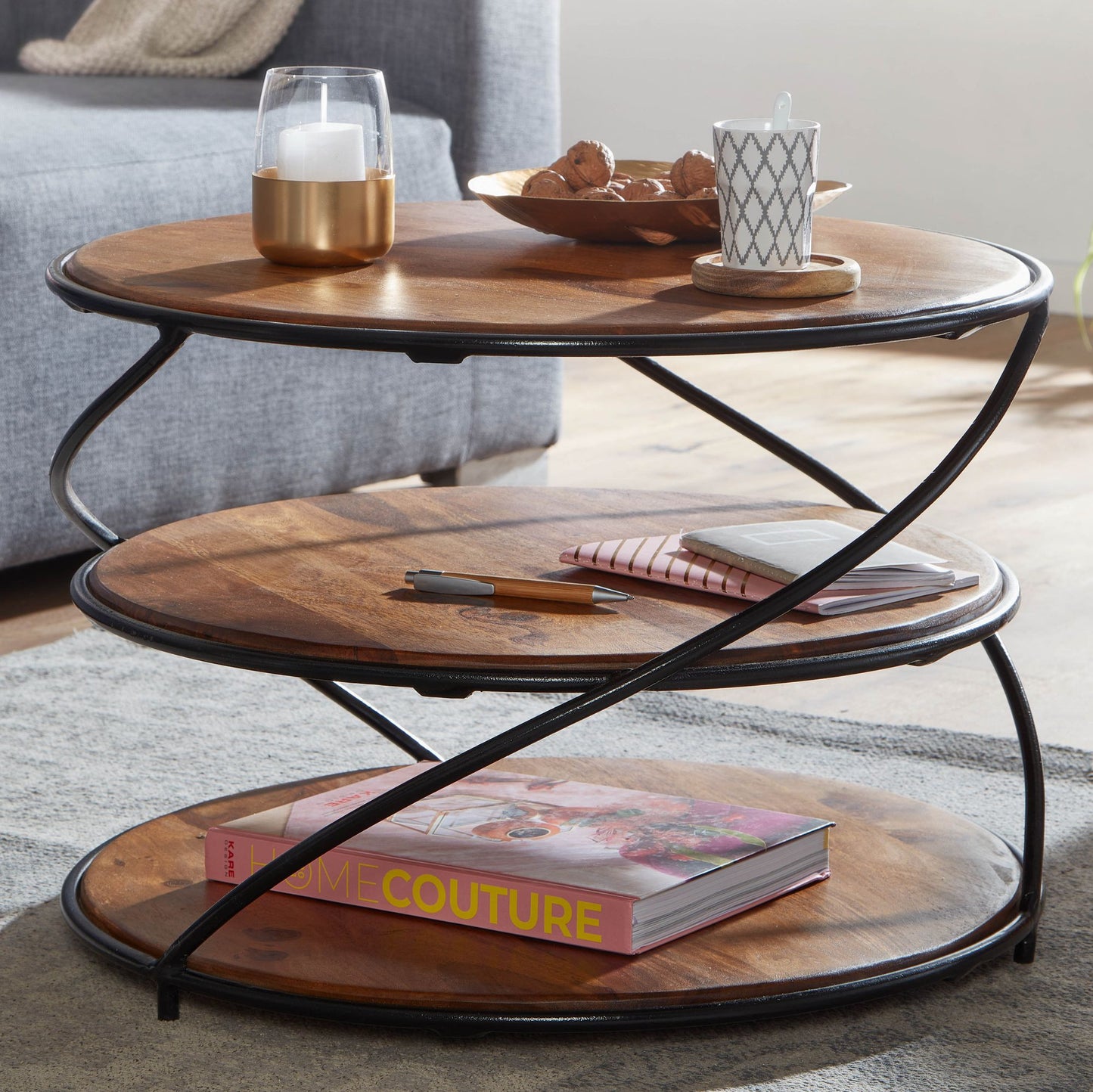 Koffietafel Massief Sheesham-Hout en Metaal 58x58x40,5 cm Salontafel Bruin | Ronde Tafel Woonkamer Moderne met Opbergruimte | Kleine Bijzettafel Woonkamertafel