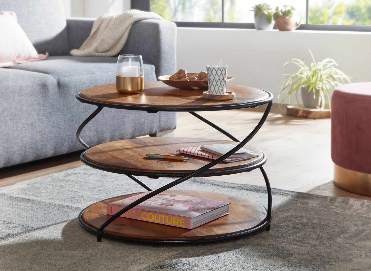 Koffietafel Massief Sheesham-Hout en Metaal 58x58x40,5 cm Salontafel Bruin | Ronde Tafel Woonkamer Moderne met Opbergruimte | Kleine Bijzettafel Woonkamertafel