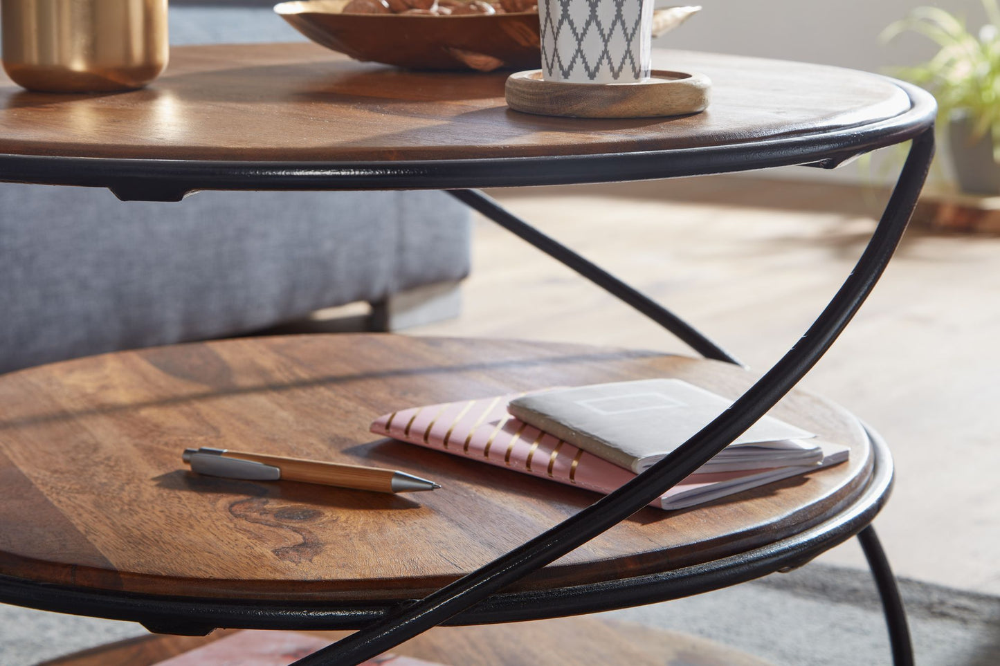 Koffietafel Massief Sheesham-Hout en Metaal 58x58x40,5 cm Salontafel Bruin | Ronde Tafel Woonkamer Moderne met Opbergruimte | Kleine Bijzettafel Woonkamertafel