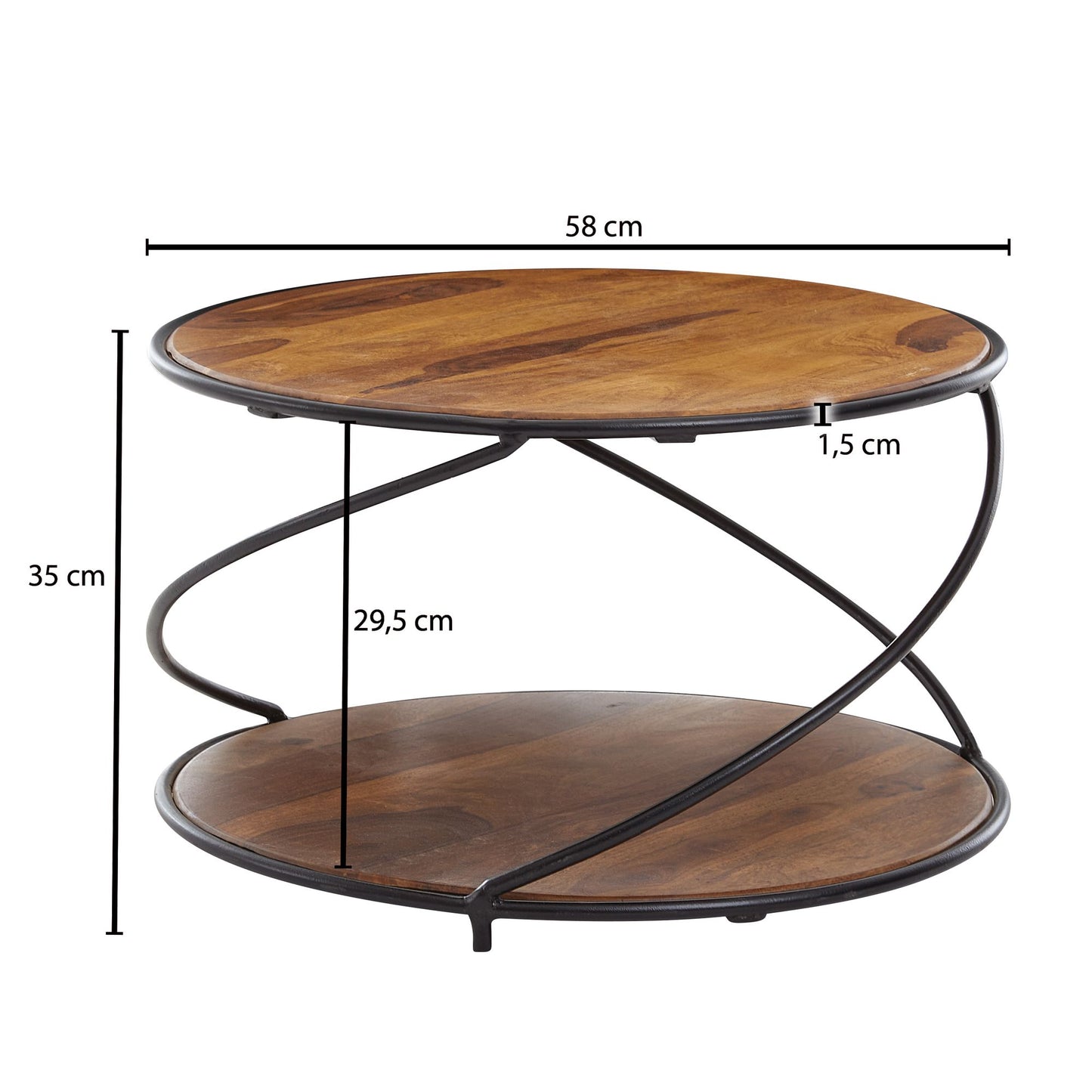 Salontafel 58x58x35 cm massief sheeshamhout / metalen salontafel rond | Design salontafel salontafel massief | Kleine tafel bijzettafel woonkamer modern met opbergruimte