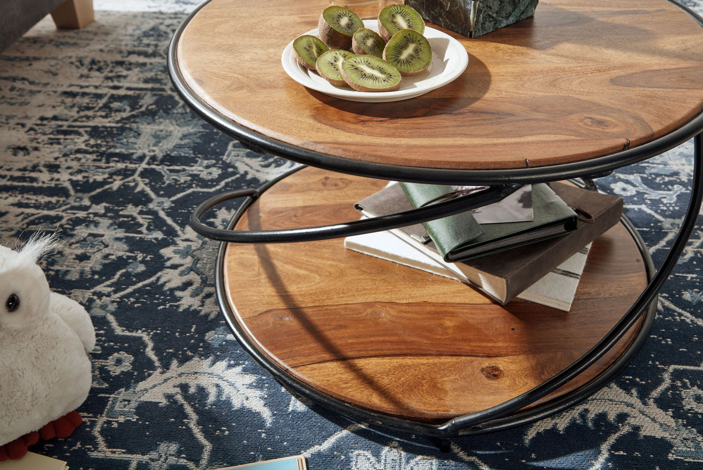 Salontafel 58x58x35 cm massief sheeshamhout / metalen salontafel rond | Design salontafel salontafel massief | Kleine tafel bijzettafel woonkamer modern met opbergruimte