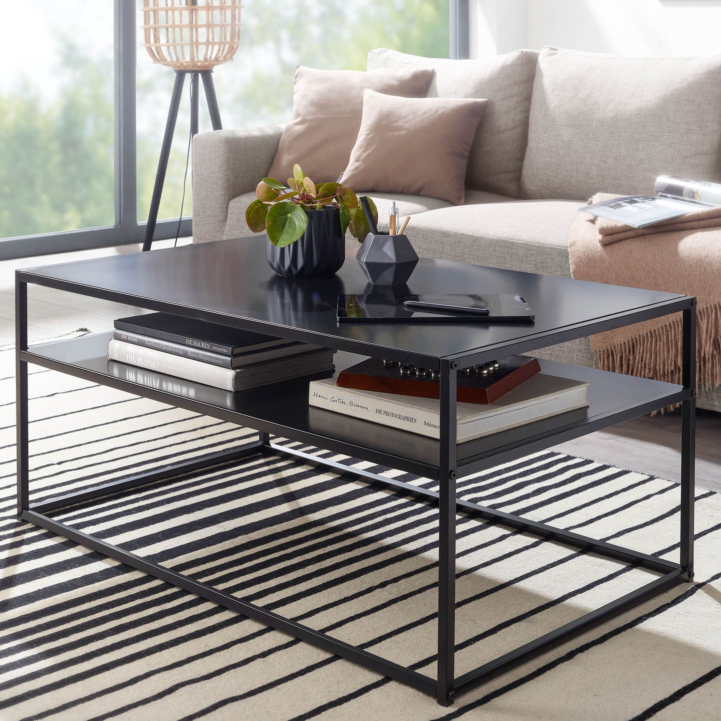 Salontafel Metaal 100x60x45 cm Rechthoekige Salontafel Zwart met Opbergruimte | Tafel Woonkamer Industrieel
