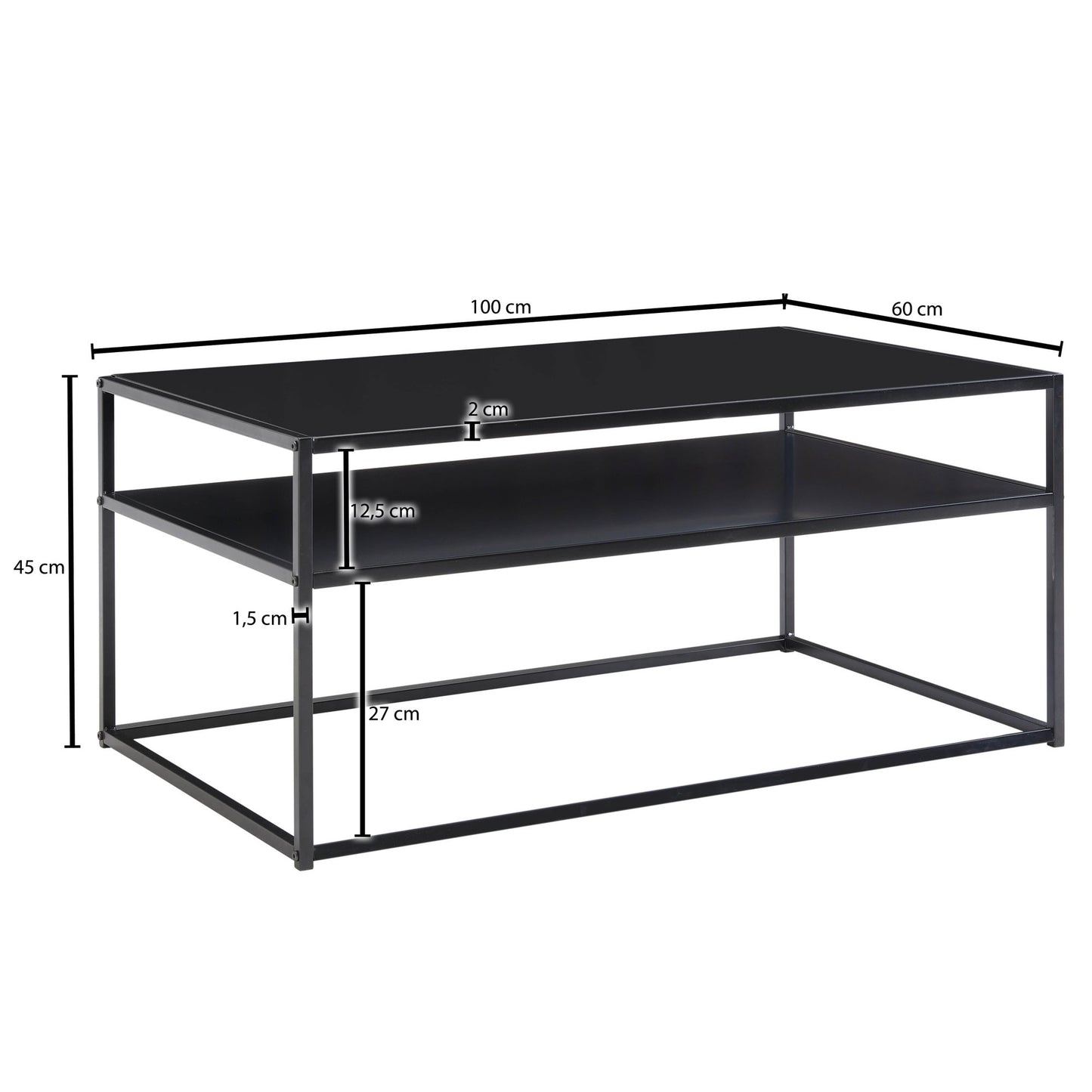 Salontafel Metaal 100x60x45 cm Rechthoekige Salontafel Zwart met Opbergruimte | Tafel Woonkamer Industrieel