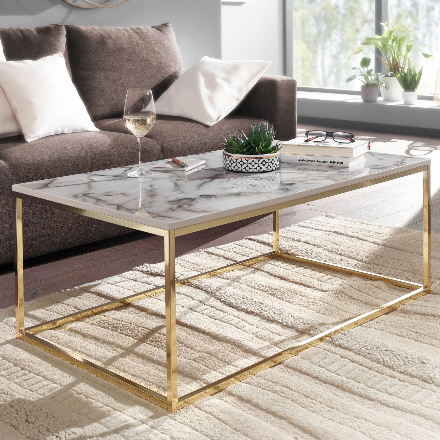 Koffietafel 100x60x40 cm met Marmer Look Wit / Goud Rechthoekige Salontafel