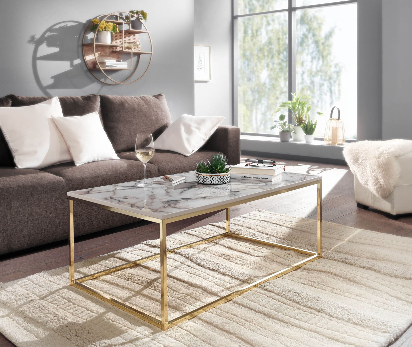 Koffietafel 100x60x40 cm met Marmer Look Wit / Goud Rechthoekige Salontafel