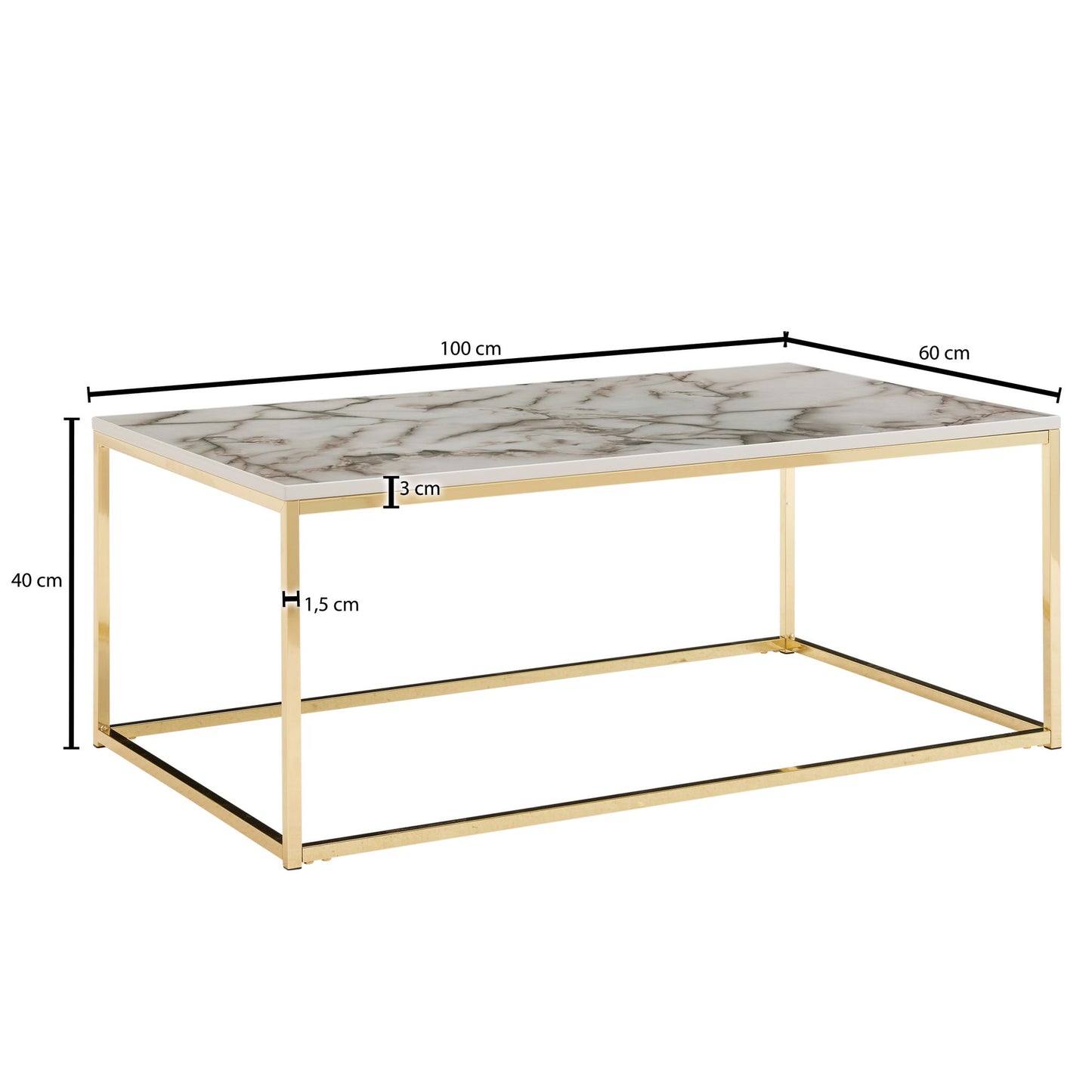 Koffietafel 100x60x40 cm met Marmer Look Wit / Goud Rechthoekige Salontafel