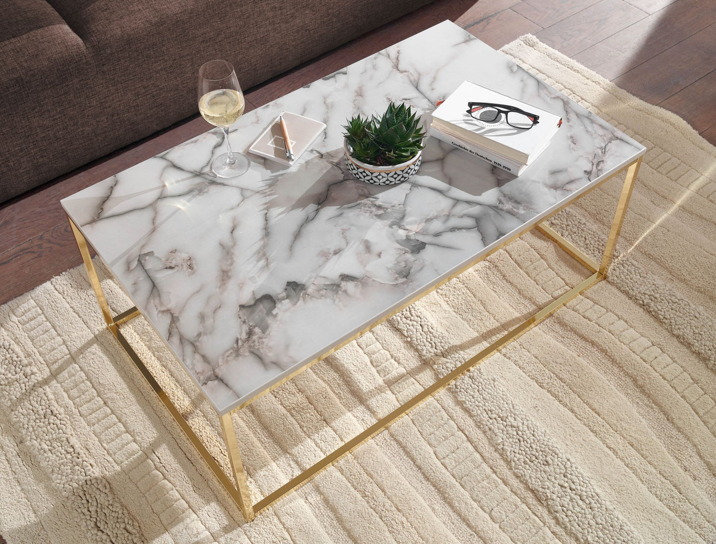 Koffietafel 100x60x40 cm met Marmer Look Wit / Goud Rechthoekige Salontafel