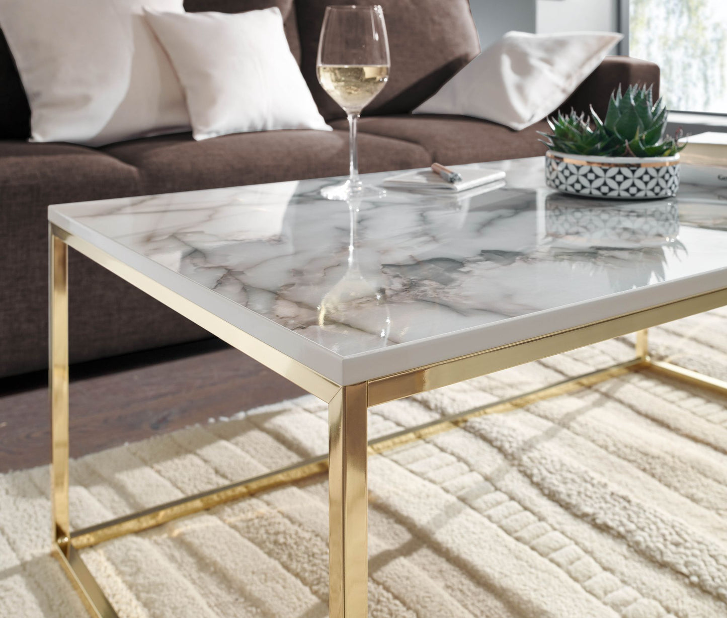 Koffietafel 100x60x40 cm met Marmer Look Wit / Goud Rechthoekige Salontafel