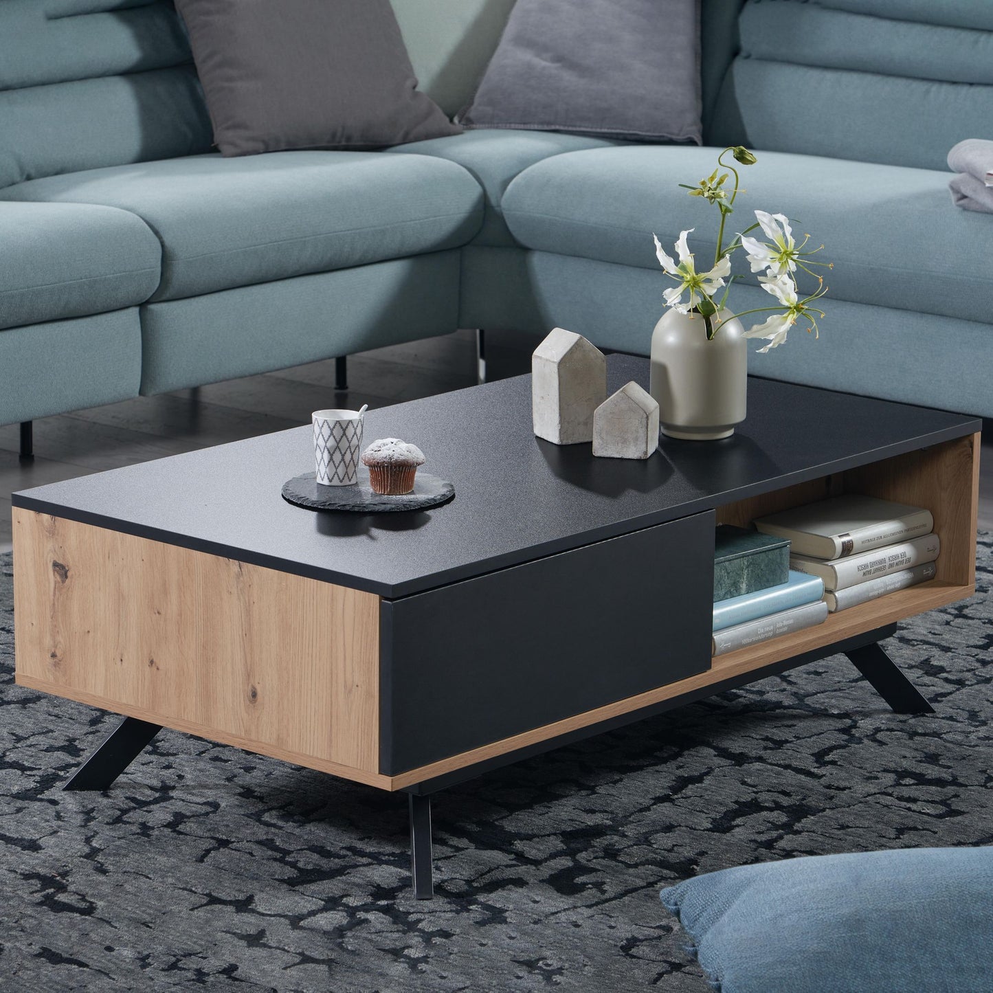 Salontafel Massief MDF Eiken Decor / Zwart 110x60x38 cm Salontafel | Tafel Woonkamer Rechthoekig met Opbergruimte | Woonkamertafel Industrieel met Lades | Grote Bijzettafel