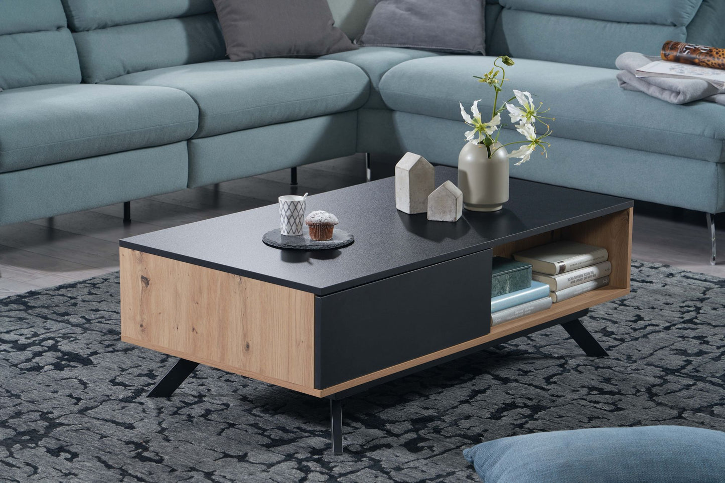 Salontafel Massief MDF Eiken Decor / Zwart 110x60x38 cm Salontafel | Tafel Woonkamer Rechthoekig met Opbergruimte | Woonkamertafel Industrieel met Lades | Grote Bijzettafel