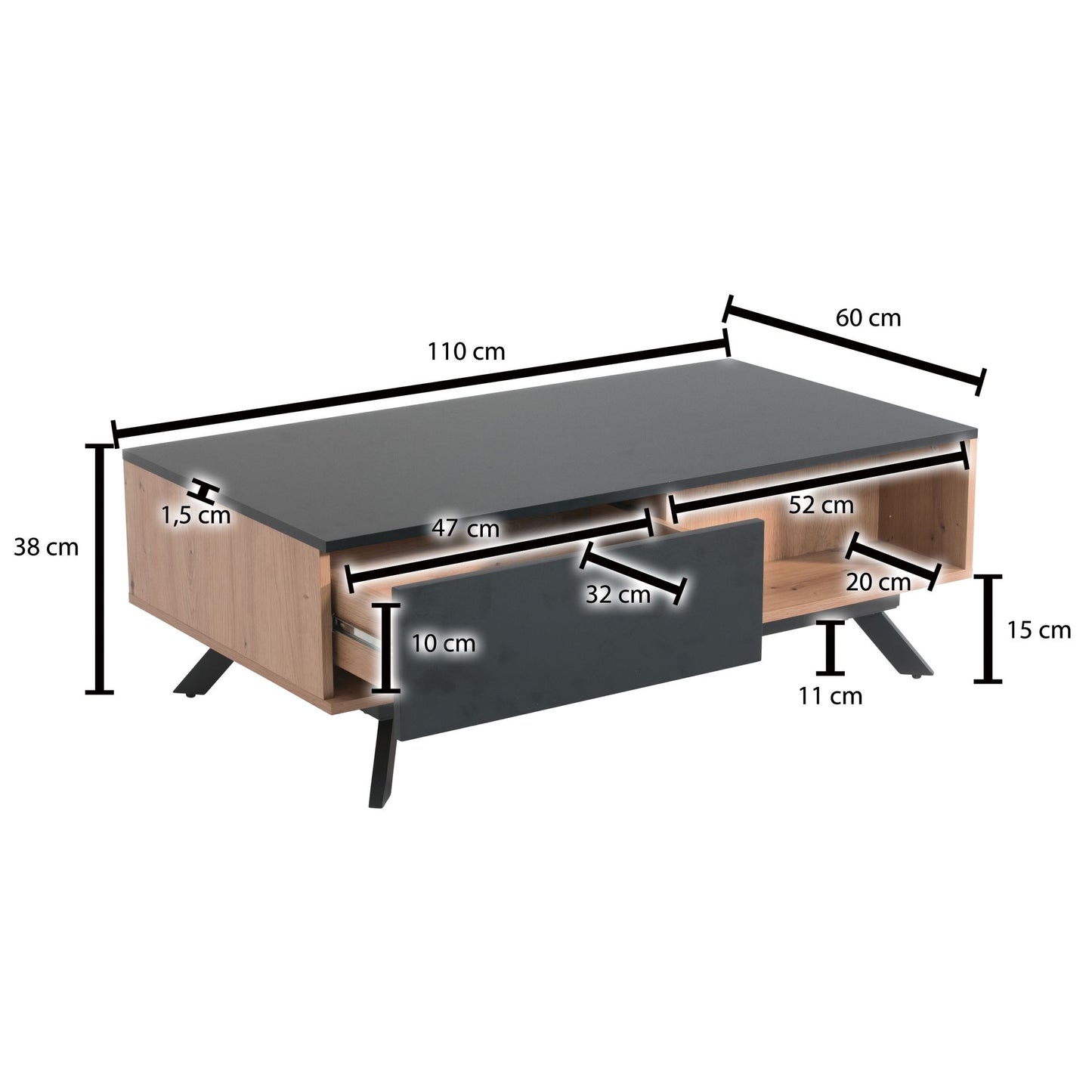 Salontafel Massief MDF Eiken Decor / Zwart 110x60x38 cm Salontafel | Tafel Woonkamer Rechthoekig met Opbergruimte | Woonkamertafel Industrieel met Lades | Grote Bijzettafel