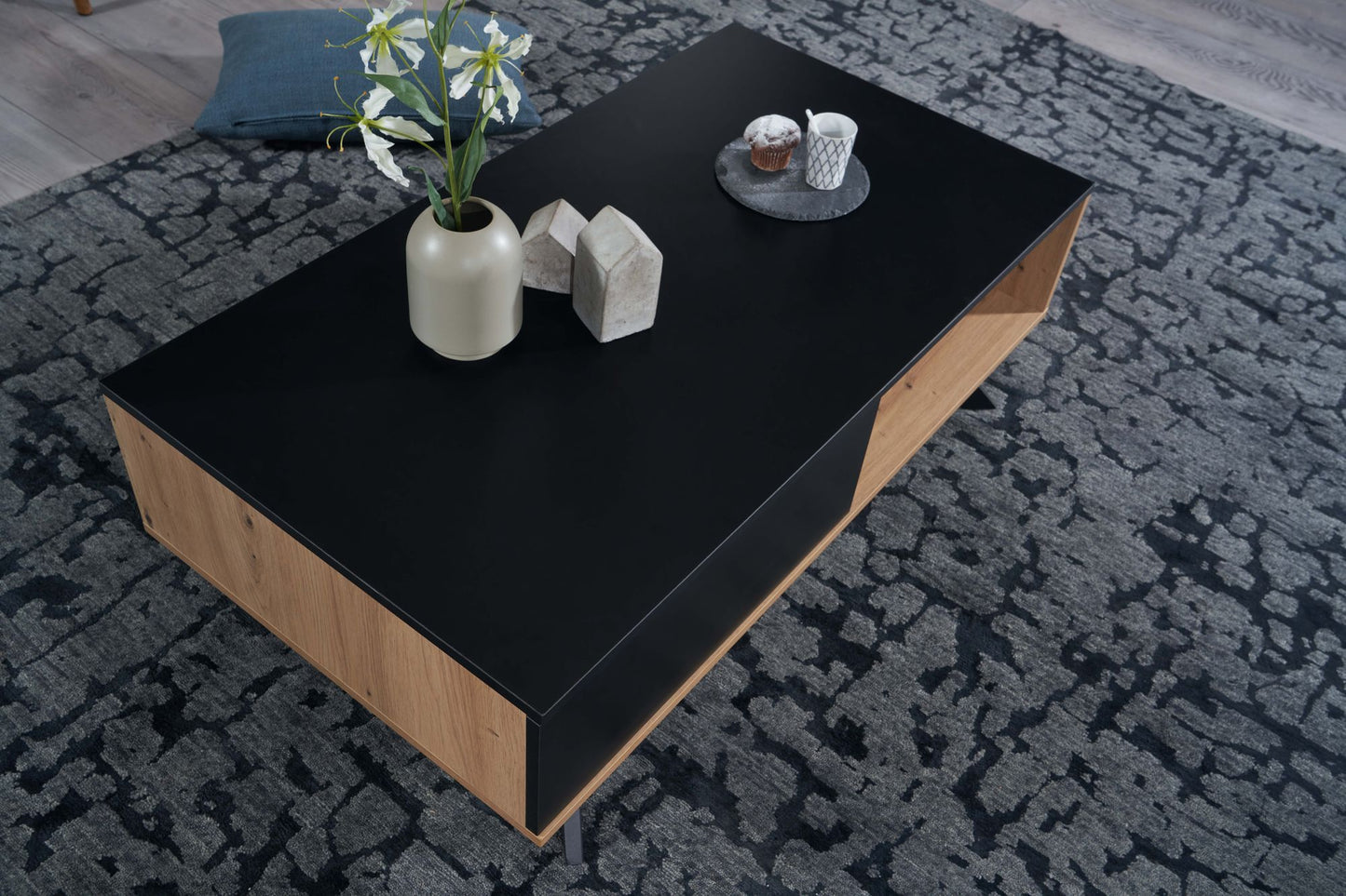 Salontafel Massief MDF Eiken Decor / Zwart 110x60x38 cm Salontafel | Tafel Woonkamer Rechthoekig met Opbergruimte | Woonkamertafel Industrieel met Lades | Grote Bijzettafel