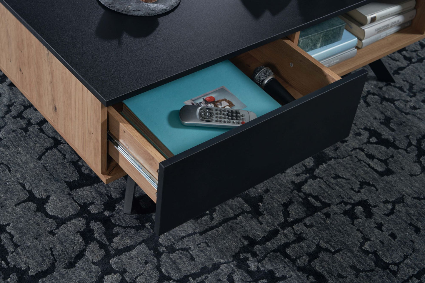 Salontafel Massief MDF Eiken Decor / Zwart 110x60x38 cm Salontafel | Tafel Woonkamer Rechthoekig met Opbergruimte | Woonkamertafel Industrieel met Lades | Grote Bijzettafel
