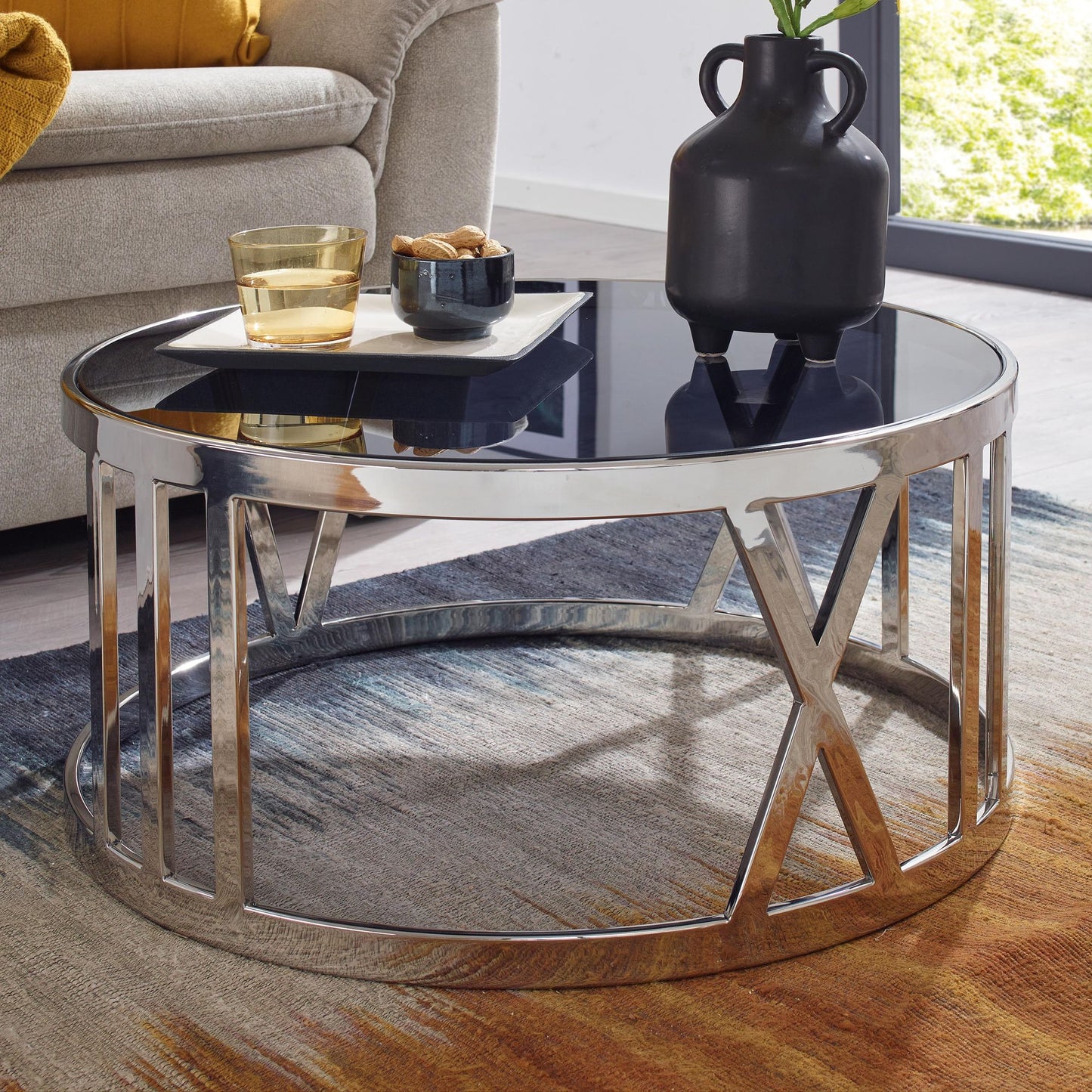 Koffietafel Glas en Metaal 60x60x30 cm Salontafel Zilver | Tafel Woonkamer Rond | Woonkamertafel Modern