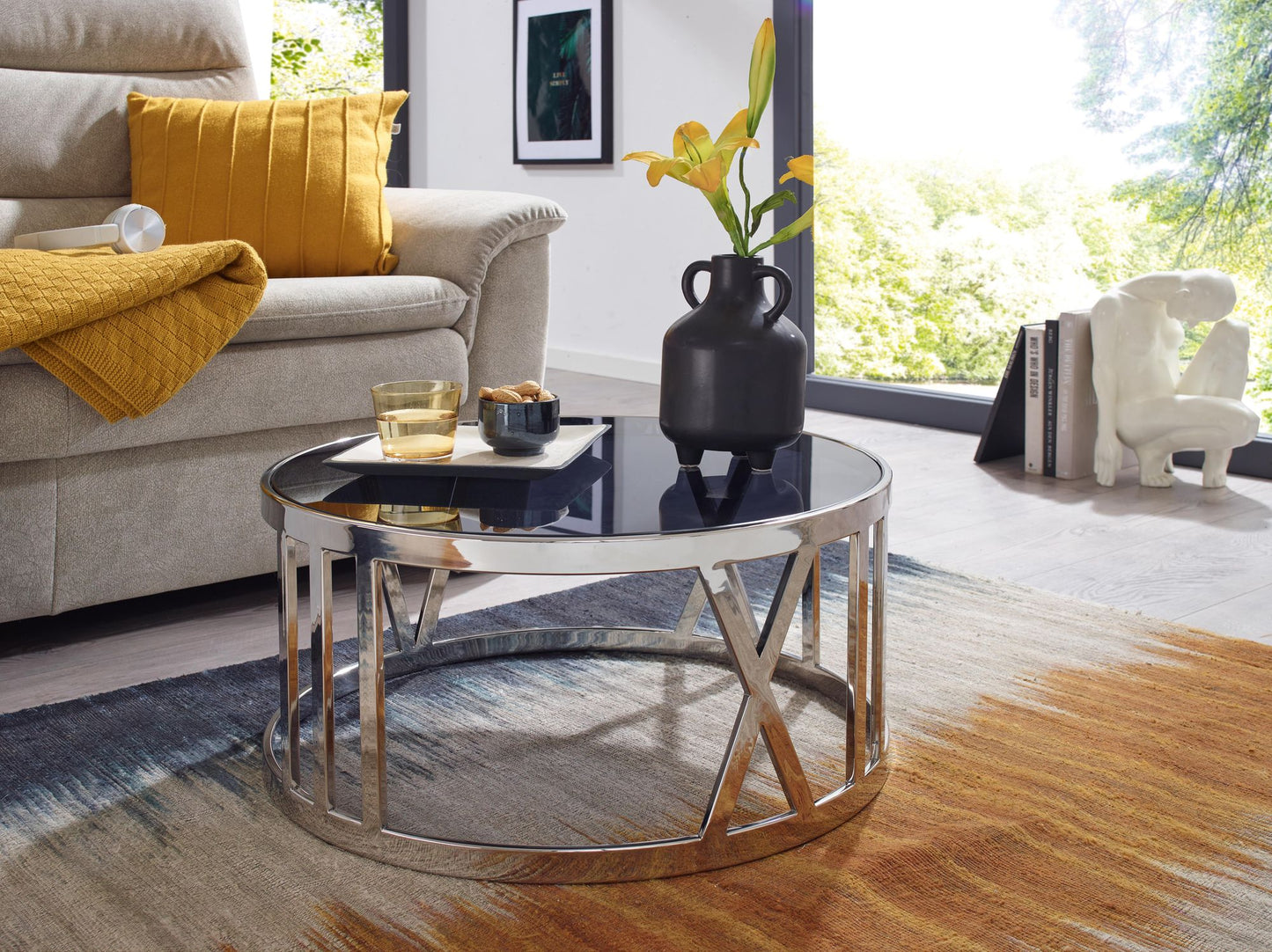 Koffietafel Glas en Metaal 60x60x30 cm Salontafel Zilver | Tafel Woonkamer Rond | Woonkamertafel Modern