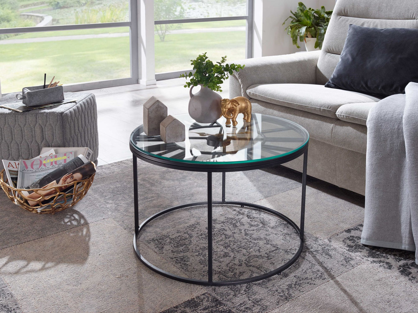 Koffietafel Glas en Metaal 60x60x43 cm Salontafel Zwart met Sierklok | Tafel Woonkamer Rond | Woonkamertafel Modern