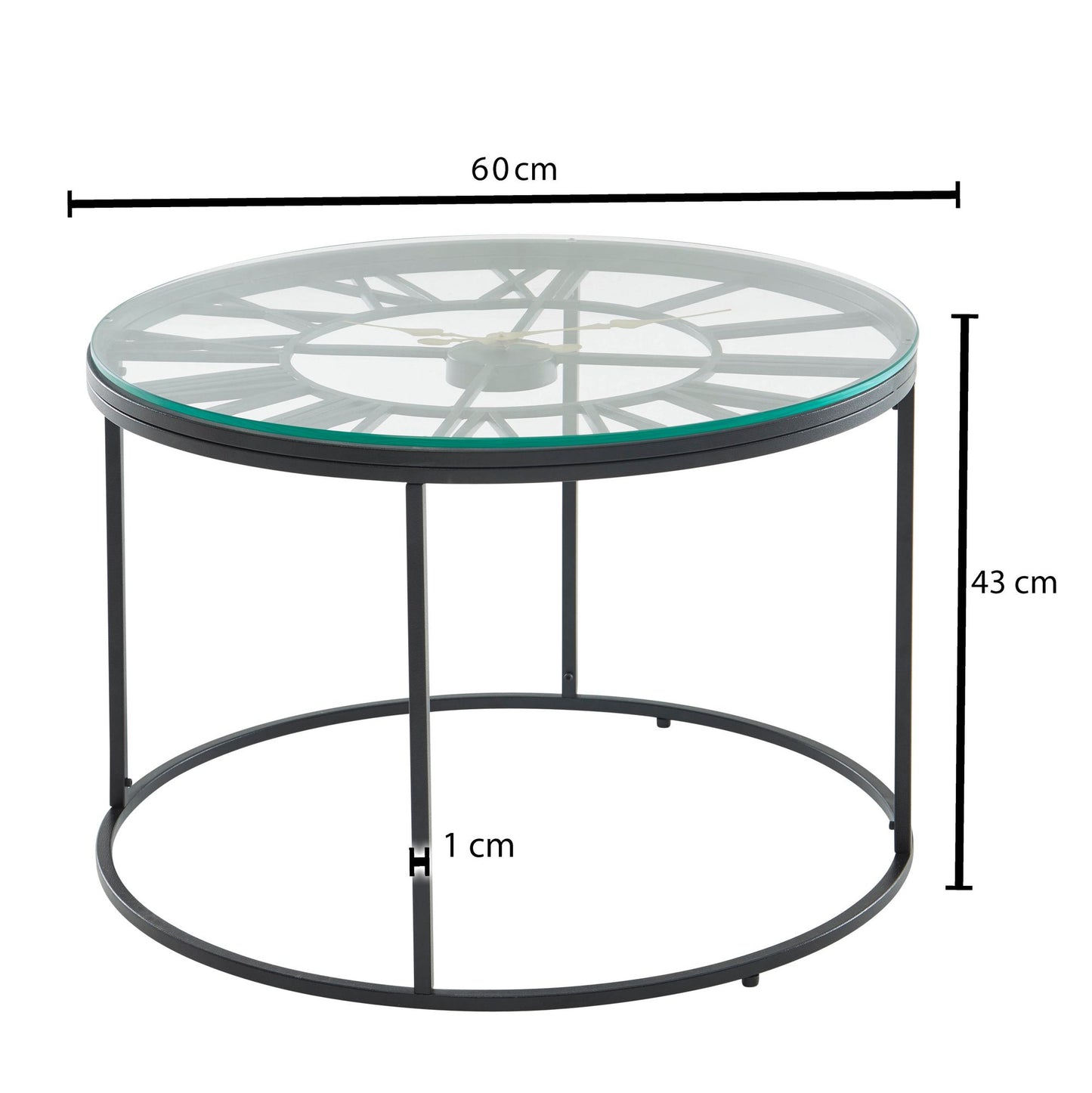 Koffietafel Glas en Metaal 60x60x43 cm Salontafel Zwart met Sierklok | Tafel Woonkamer Rond | Woonkamertafel Modern