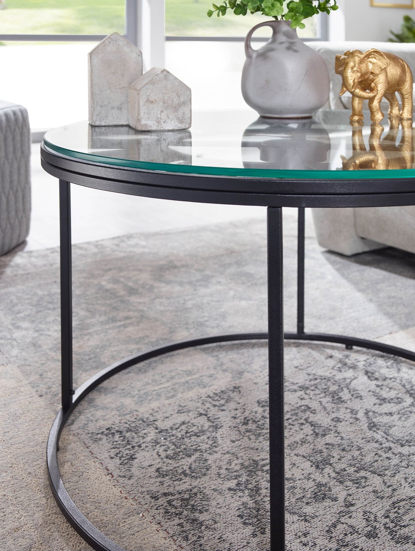 Koffietafel Glas en Metaal 60x60x43 cm Salontafel Zwart met Sierklok | Tafel Woonkamer Rond | Woonkamertafel Modern