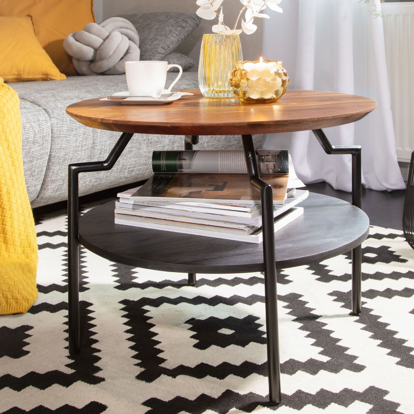 Koffietafel Massif Sheesham-Hout en Metaal 60x60x45 cm Salontafel | Tafel Woonkamer Rond met Opbergruimte