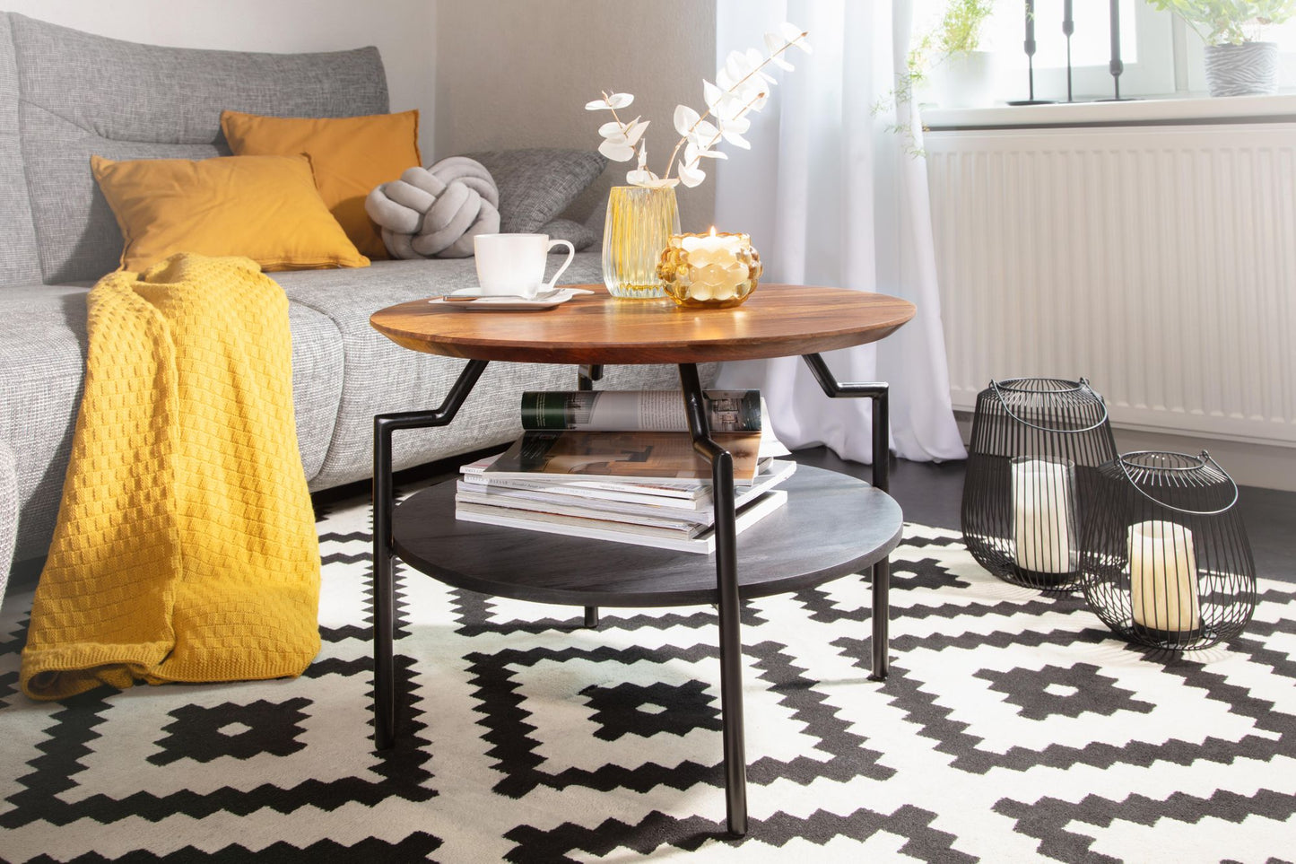 Koffietafel Massif Sheesham-Hout en Metaal 60x60x45 cm Salontafel | Tafel Woonkamer Rond met Opbergruimte