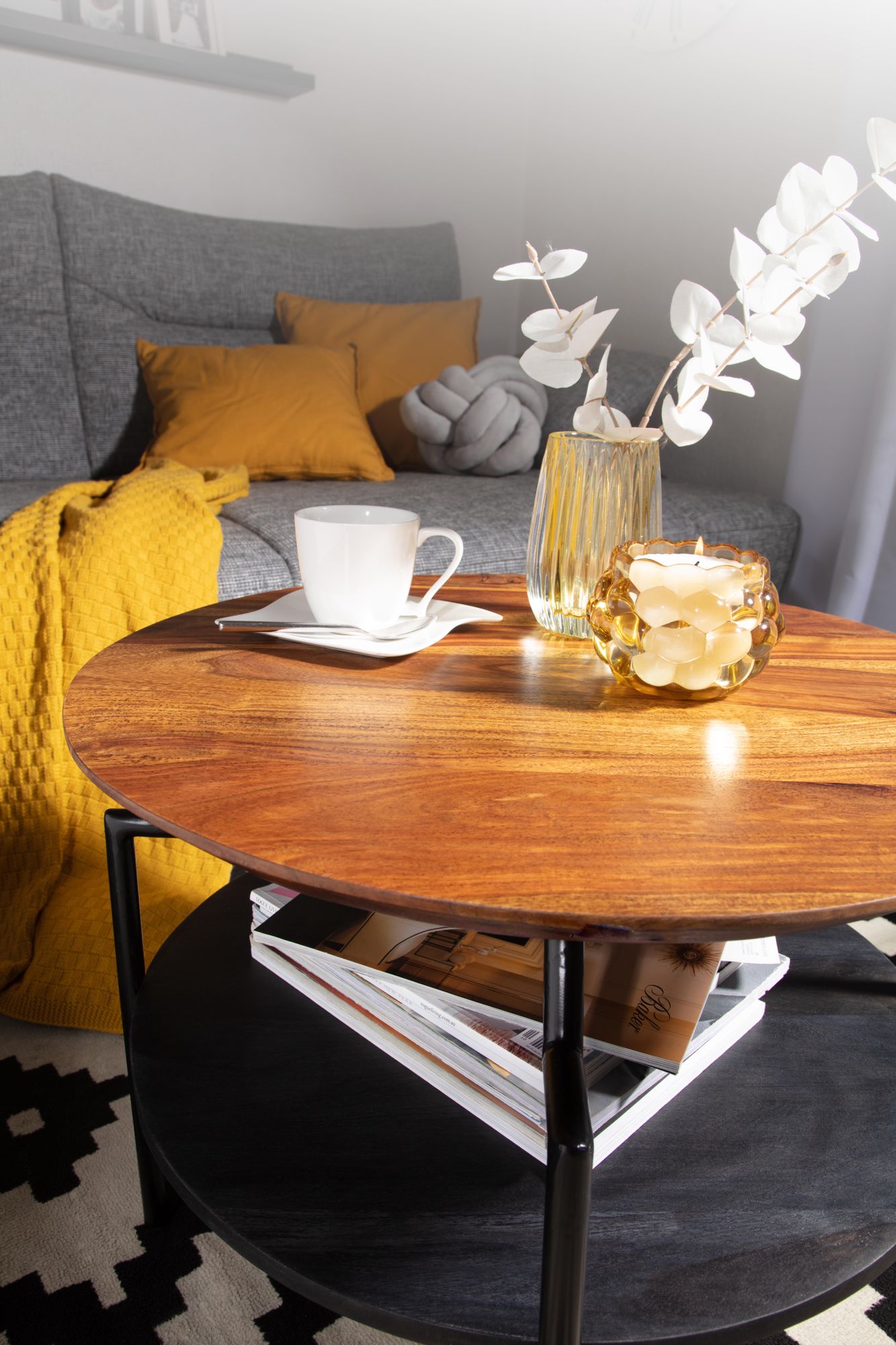 Koffietafel Massif Sheesham-Hout en Metaal 60x60x45 cm Salontafel | Tafel Woonkamer Rond met Opbergruimte