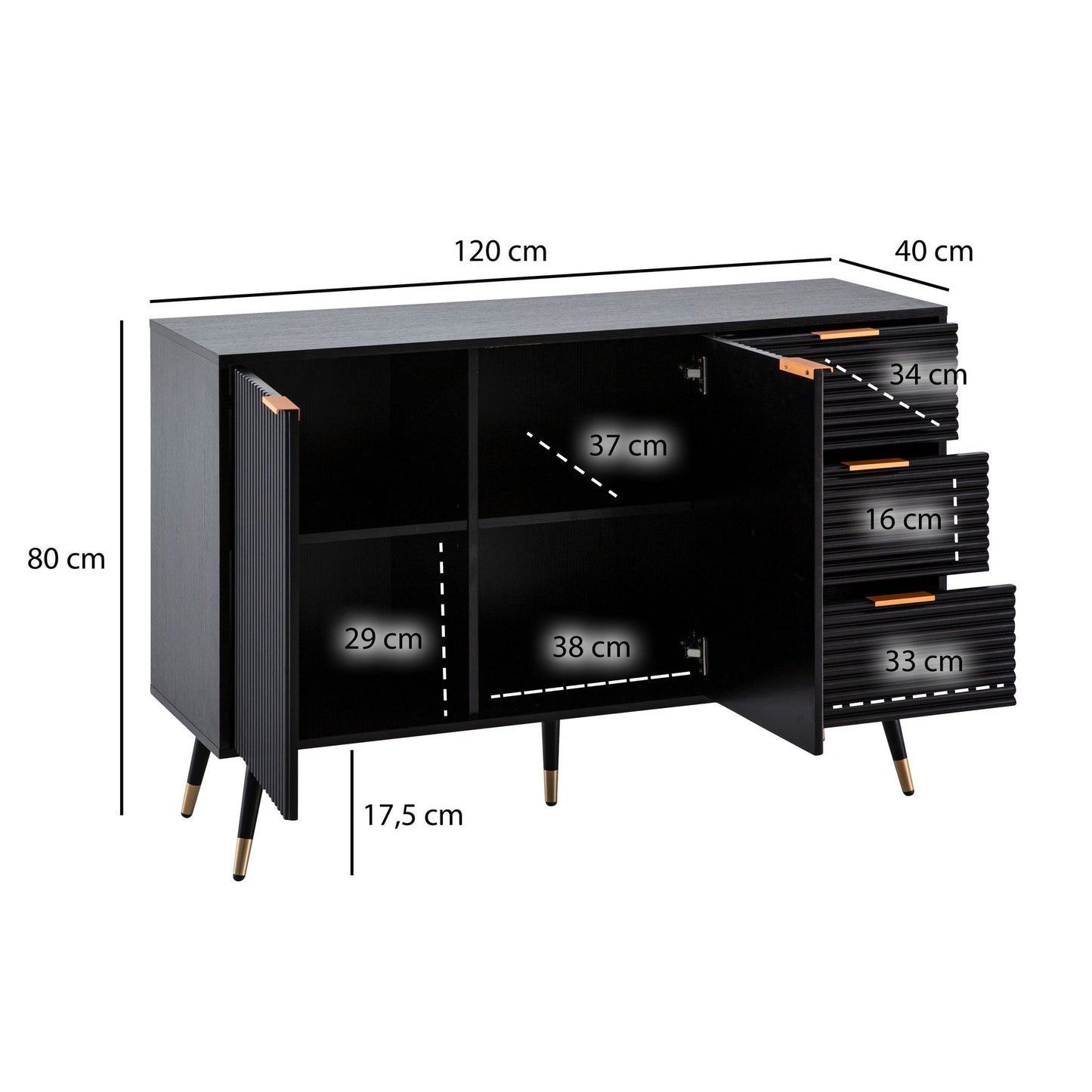 Dressoir 120 cm zwart eiken decor ladekast dressoir vloerkast