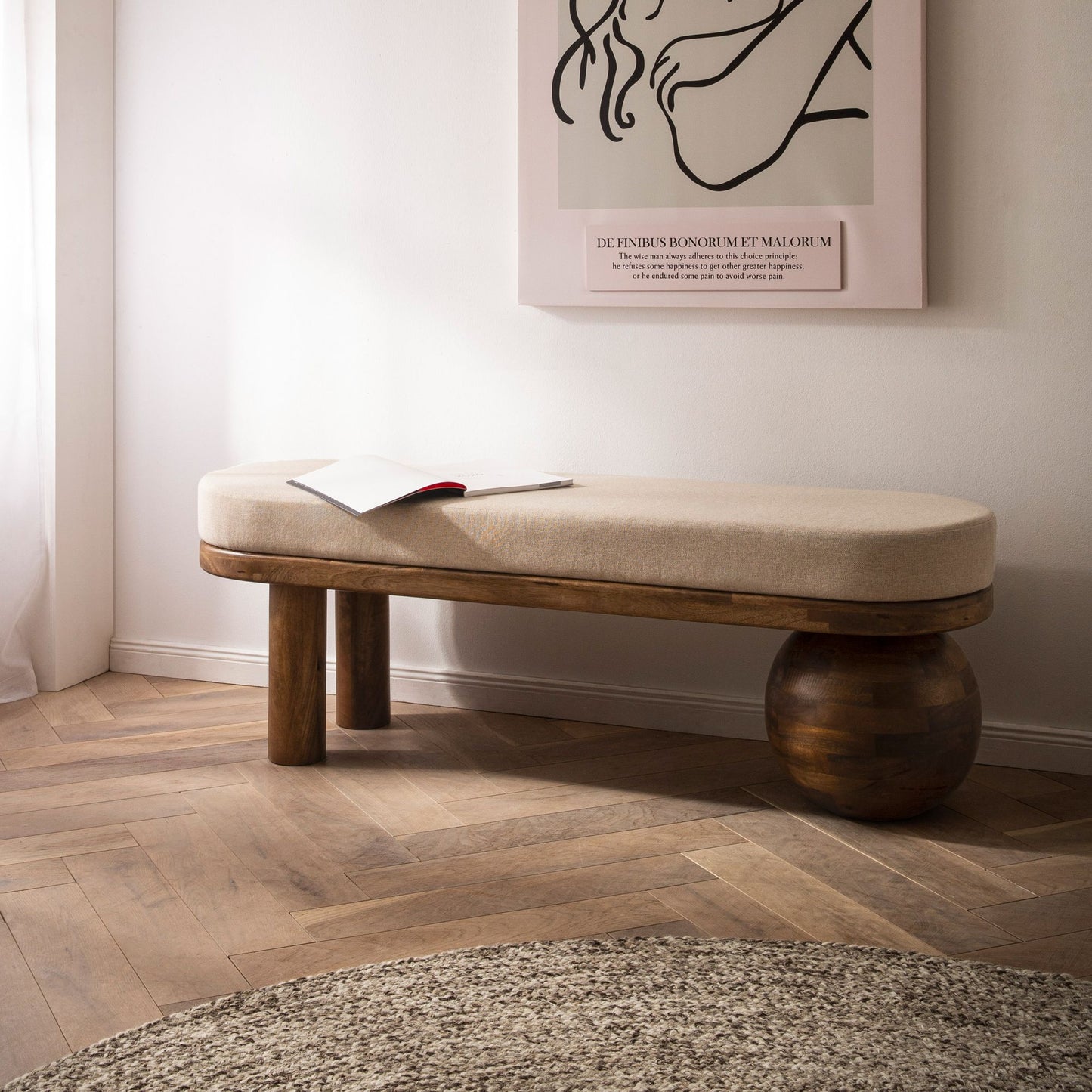 Bank stof hout massief 140 cm halbank gestoffeerde bank bank beige