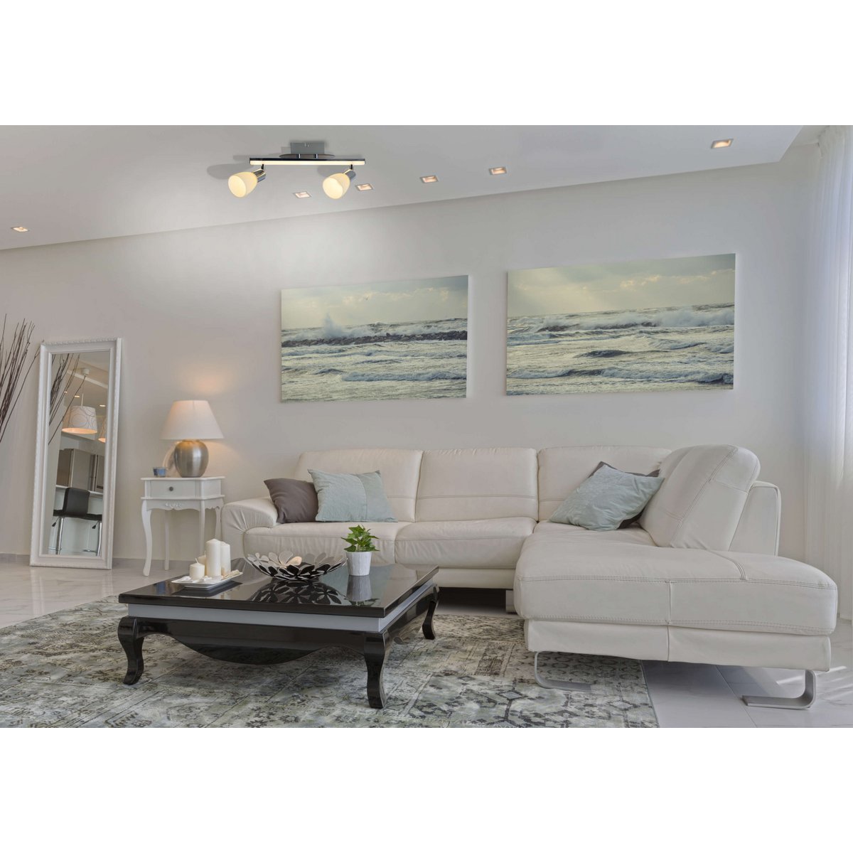 2-serie LED-plafondlicht "Ibiza" ongeveer 39 cm lang, chroomkleurig metaal, verzadigd, opaalkleurig glas, geïntegreerde LED's, warm wit