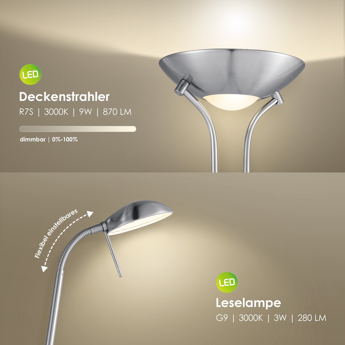 Home Sweet Home LED Uplight Vloerlamp - Klassiek Geborsteld staal