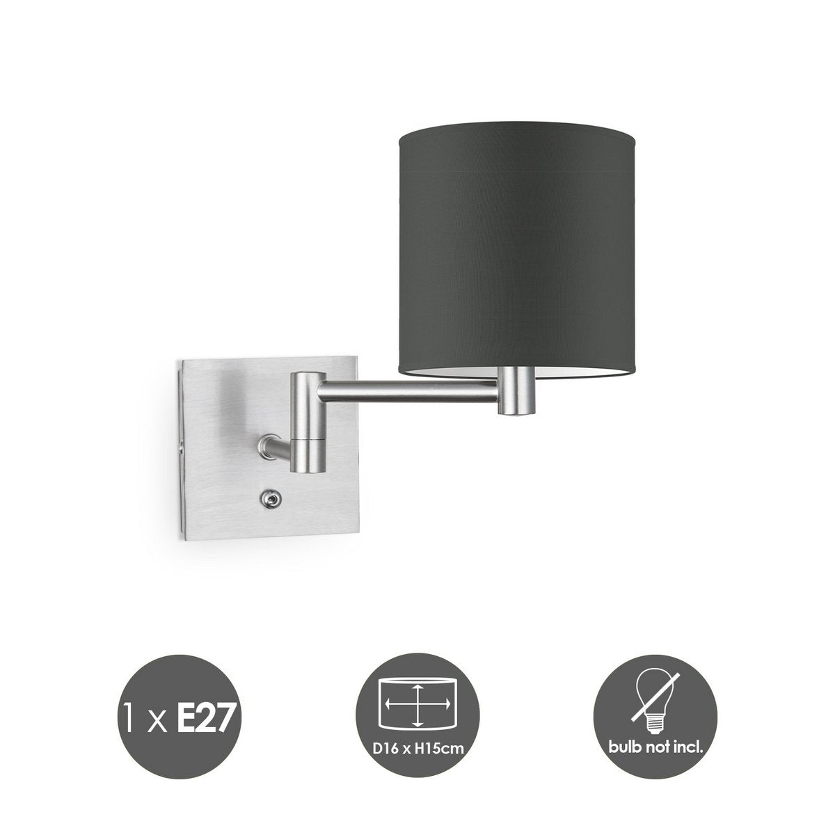 Home Sweet Home Wandlamp - Swing, E27, antraciet Lampenkap 16x15cm