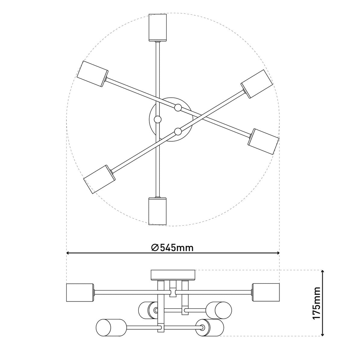 Plafondlicht "Modo" 6-flame gemaakt van metaal in zwart, versies goud, E27-aansluiting, plafondlamp voor woonkamer, eetkamer, keuken, gang, gang of kantoor met een Øvon 54,5 cm