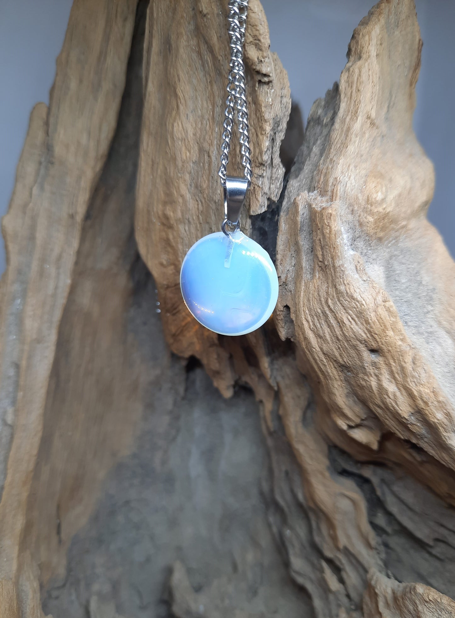 Silver-colored necklace with opalite pendant