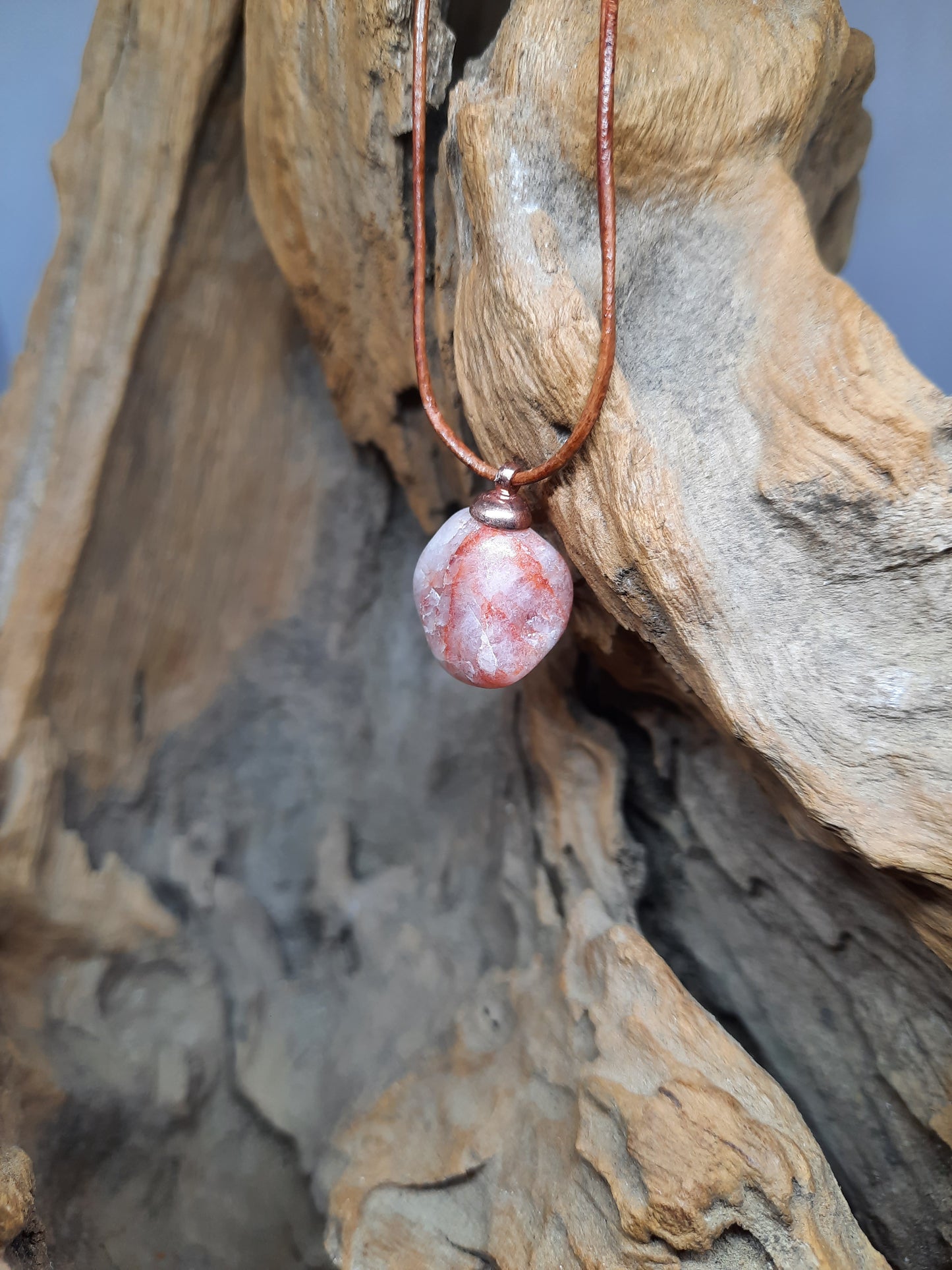 Brown leather necklace with natural stone pendant