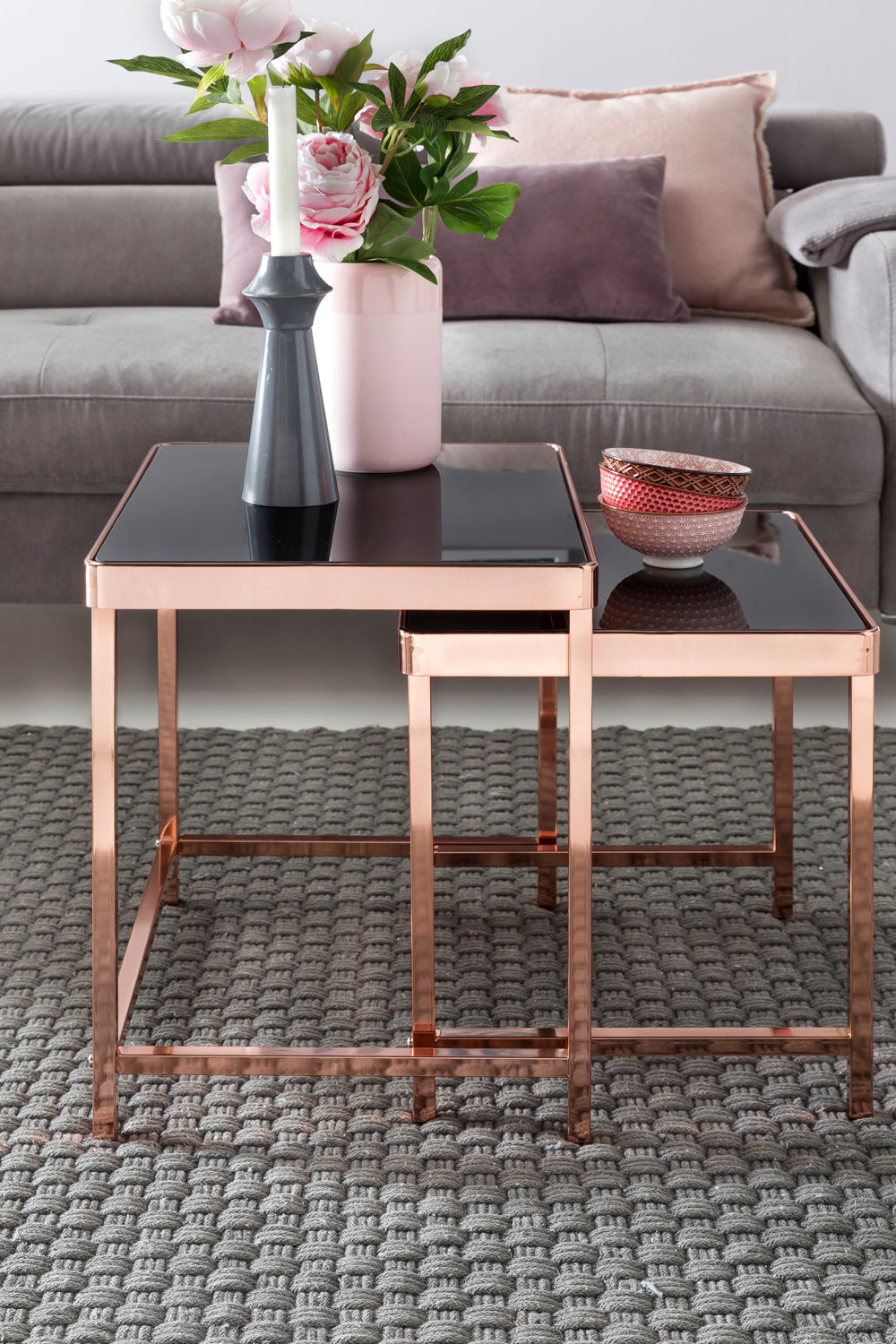 Copper & glass side tables