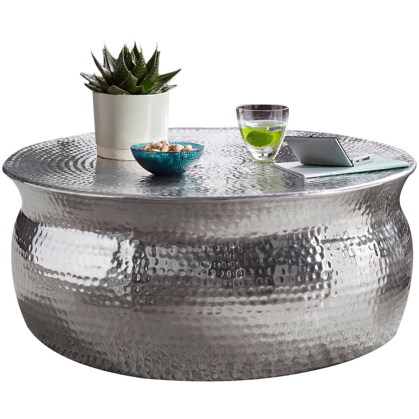 salontafel KARAM 75x31x75cm aluminium zilveren bijzettafel oosterse rond | Plat gehamerd koffietafeltje metaal Design salontafel modern | Tafel klein Indiaas stub tafel klein