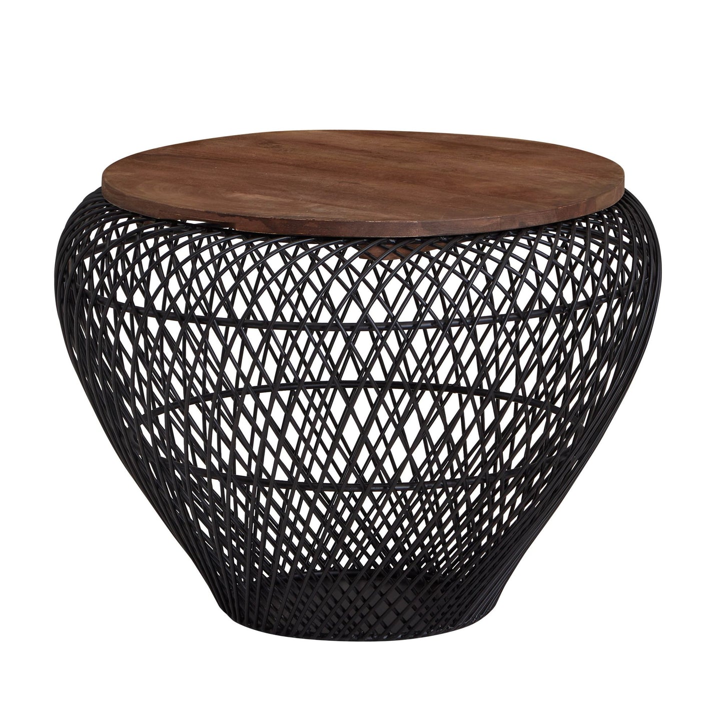 Salontafel Metaal en Massief Mango-Hout 60x60x45 cm Salontafel Zwart | Ronde Tafel Woonkamer Moderne met Opbergruimte