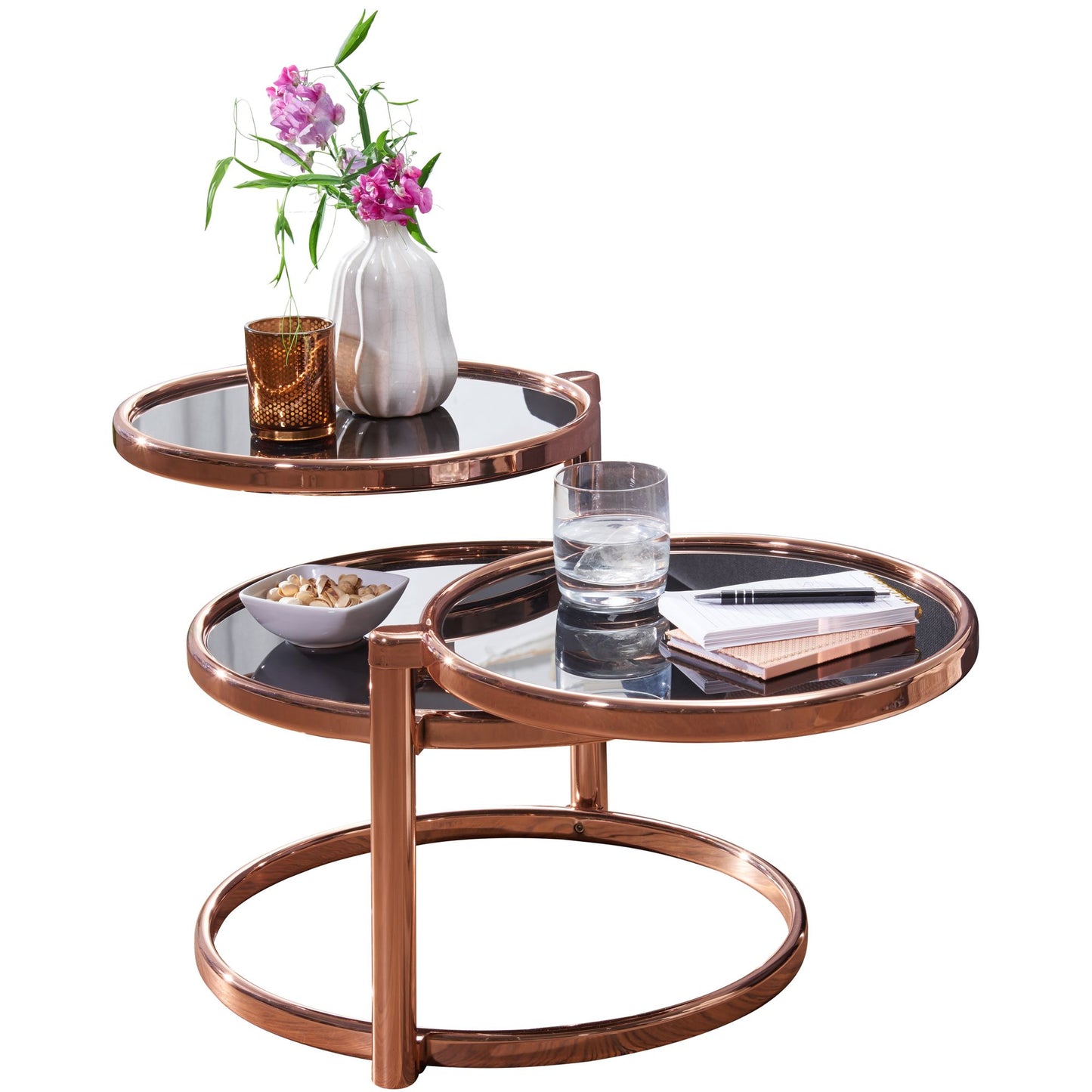 Salontafel SUSI met 3 tafelbladen zwart / koper 58 x 43 x 58 cm | Bijzettafel rond | Ontwerp salontafel glas / metaal | Designtafel met glazen tafel modern | Kleine salontafel
