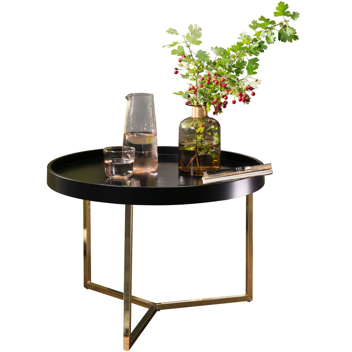 Coffee table EVA 58.5x42x58.5cm black / gold coffee table metal round | Design retro coffee table modern | Small lounge table with metal frame | Round tray list with wooden plate