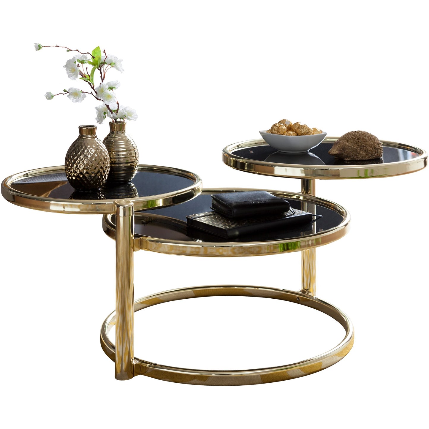 Salontafel SUSI met 3 tafelbladen Zwart / Goud 58 x 43 x 58 cm | Bijzettafel rond | Ontwerp salontafel glas / metaal | Designtafel met glazen tafel modern | Kleine salontafel