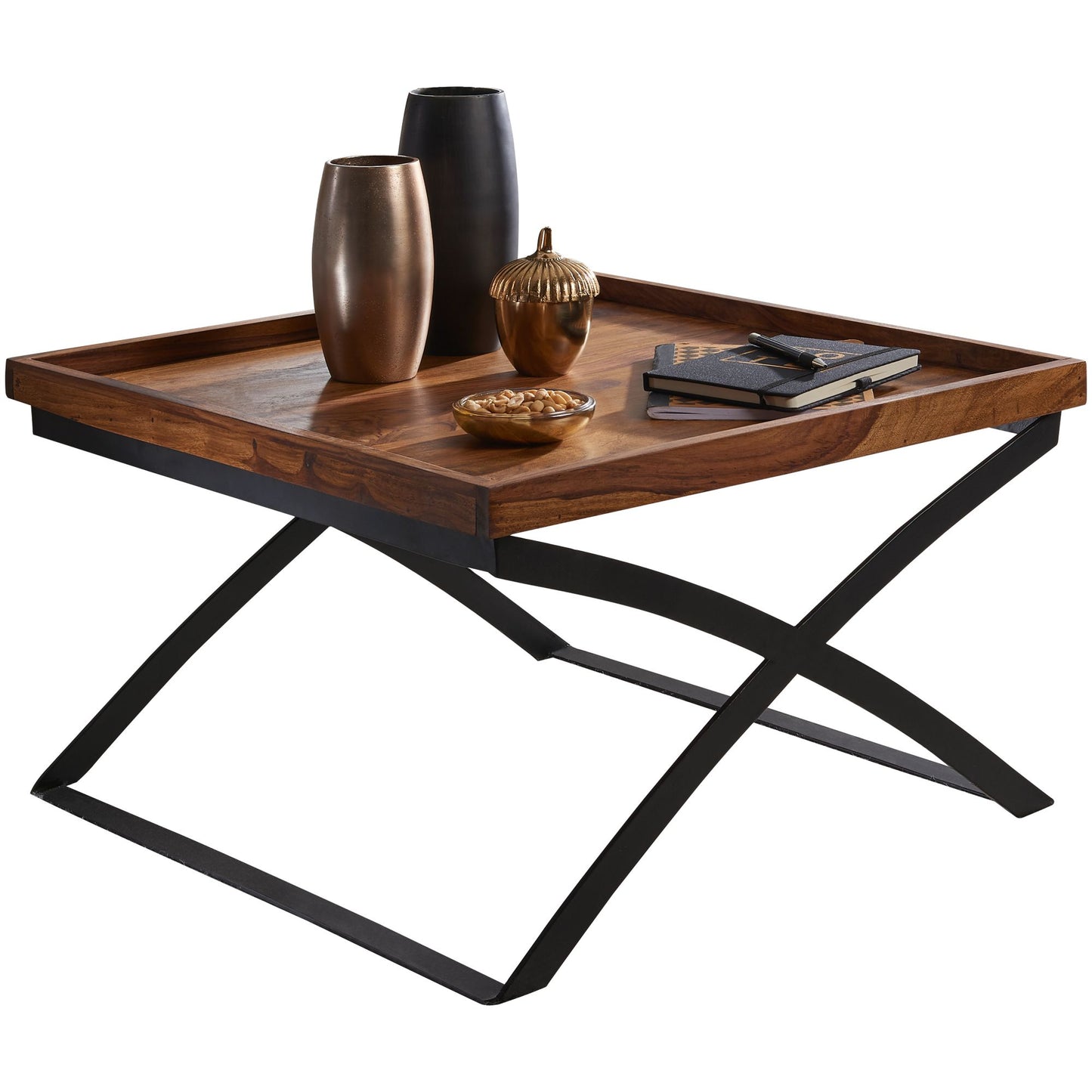 coffee table WL5.595 63x39x63cm Sheesham solid wood / metal coffee table | Design coffee table industrial style | Room table brown / black | Design coffee table solid | Square table