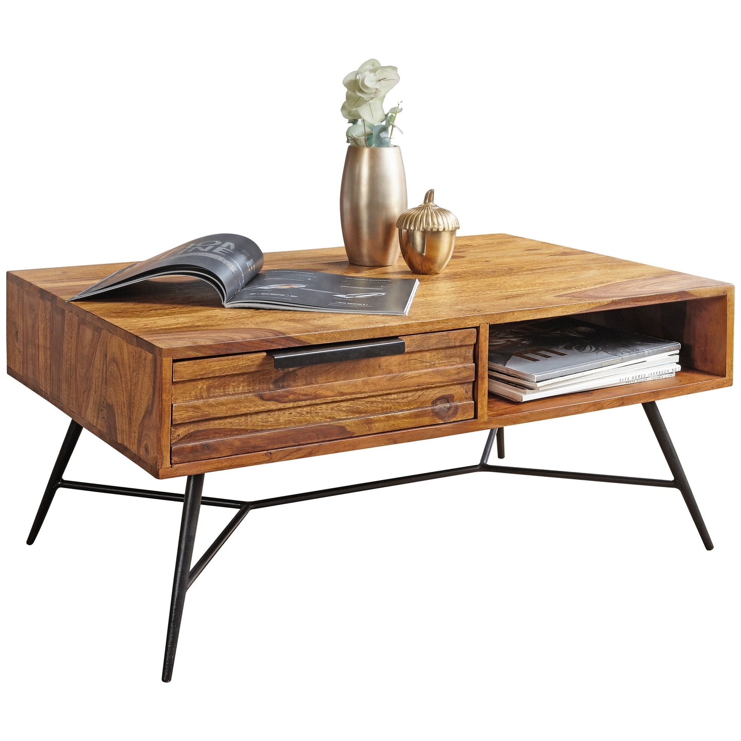 salontafel Nishan 87 x 41 x 55 cm Sheesham Wood | Ontwerp houten tafel met opbergruimte en lade | Massief houten salontafel Industriële woonkamertafel met metalen poten