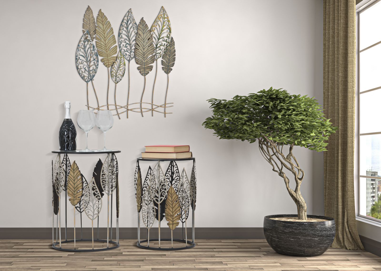 Tafel Ferro E Legno Foglie Set 2 Pcs 38×55 cm