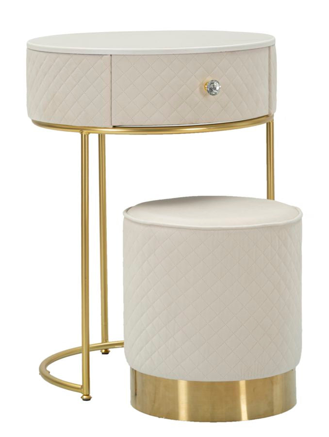 Nachtkastje met kruk Nightstand/dressing Table With Puff Vellit Cream Ø 52×70 cm