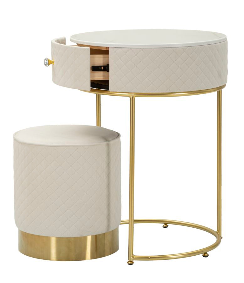 Nachtkastje met kruk Nightstand/dressing Table With Puff Vellit Cream Ø 52×70 cm