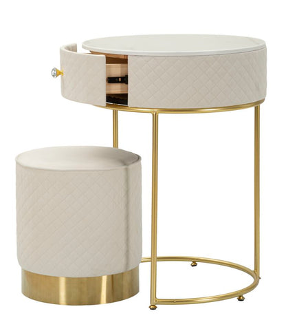 Nachtkastje met kruk Nightstand/dressing Table With Puff Vellit Cream Ø 52×70 cm
