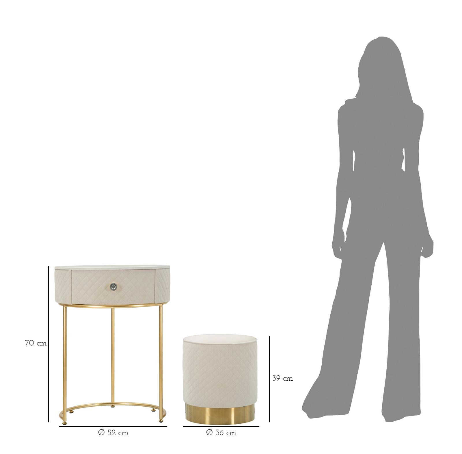 Nachtkastje met kruk Nightstand/dressing Table With Puff Vellit Cream Ø 52×70 cm